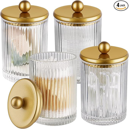 SheeChung 4-Pack Gold Ribbed Glass Qtip Holder - Apothecary Jars Bathroom Organizer Set with Lids - Vanity Storage Canisters for Cotton Balls, Pads, Swabs, Floss Picks - Modern Farmhouse
