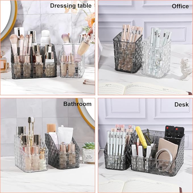 DASITON Makeup Brush Holder Organizer, 3 Slots Acrylic Makeup Brushes Storage Cup, Woven Texture Make Up Brush Holder for Vanity Bathroom Office, Pen Holder for Desk, Cosmetic Display Cases (Clear M)