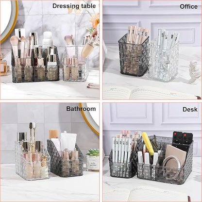 DASITON Makeup Brush Holder Organizer, 4 Slots Acrylic Makeup Brushes Storage Cup, Woven Texture Make Up Brush Holder for Vanity Bathroom Office, Pen Holder for Desk, Cosmetic Display Cases (Grey L)