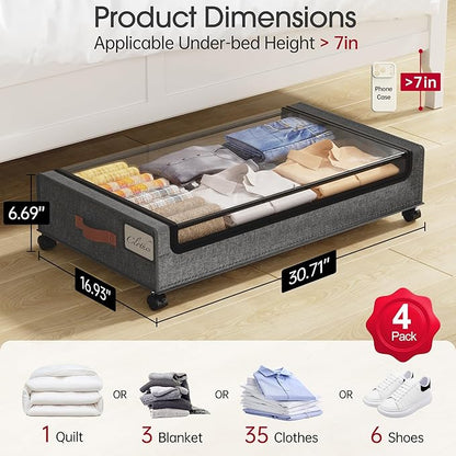 Yecaye Under Bed Storage with Wheels, 4 Pack Under Bed Rolling Storage with Clear Window & Label, 60 L Underbed Storage Containers, Rolling Under Bed Metal Drawer for Clothes, Shoes, Books
