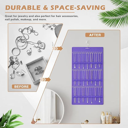 Hanging Jewelry Organizer Storage Roll, Double-Sided Necklaces Holder, 42 Pockets Plus 36 hooks Earrings Organizer Hang in Closet, On Wall, or Doors, Purple