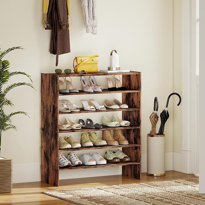 Giantex 3-in-1 Vertical Shoe Rack, 6-Tier Free Standing Shoe Storage Organizer w/Stackable Design for 18 Pairs, 31 Inch Wide Wood Shoe Shelf for Closet, Entryway, Living Room, Office, Brown
