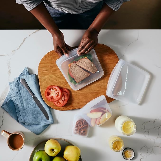 Stasher Silicone Reusable Storage Bags & Stretch Lids, 10-Pack Starter Kit, Reusable Freezer Bags, Microwave, Dishwasher, Oven Safe, Sous Vide, Lunch Containers, Eco Friendly, Food Storage Bags, Clear | Reusable Food Bags