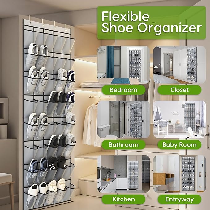 Over the Door Shoe Organizer with 40 Large Breathable Mesh Pockets, Space Saving Shoe Holder, Hanging Shoe Rack for Entryway Bedroom Closet Storage (Grey, 40 Pockets)