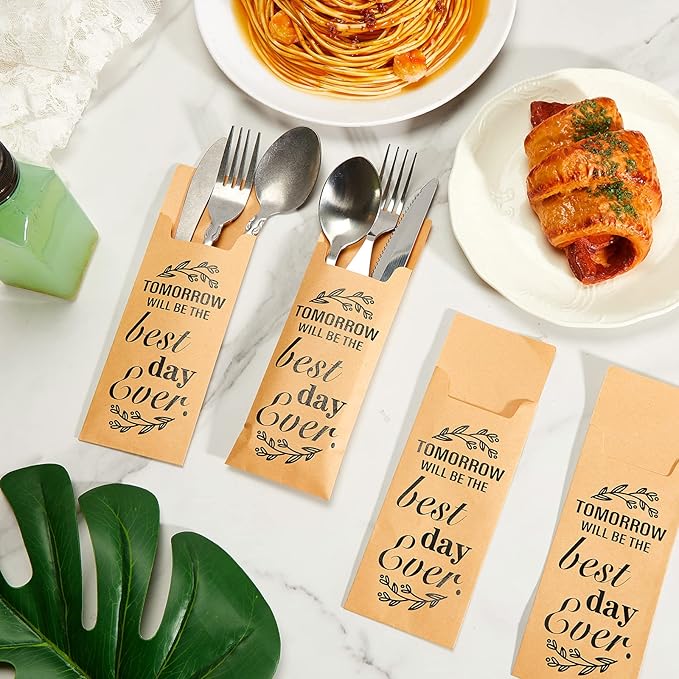 Gueevin 100 Pcs Tomorrow Will Be The Best Day Ever Wedding Paper Silverware Bags Cutlery Sleeves Kraft Utensils Bag Silverware Holder Pockets for Wedding Rehearsal Dinner Engagement Bride Shower Party