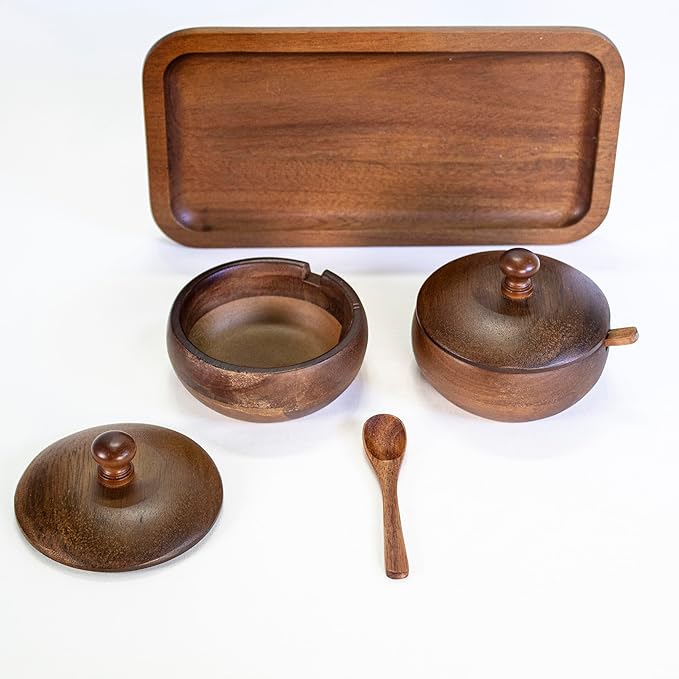 Berghoff Acacia Wood 7Pc Spice Jar Set, Display Tray 10" x 5.12" x 93.5", Elegant Design, Durable, Resusable, Pre-seasoned With Vegetable Oil, Brown