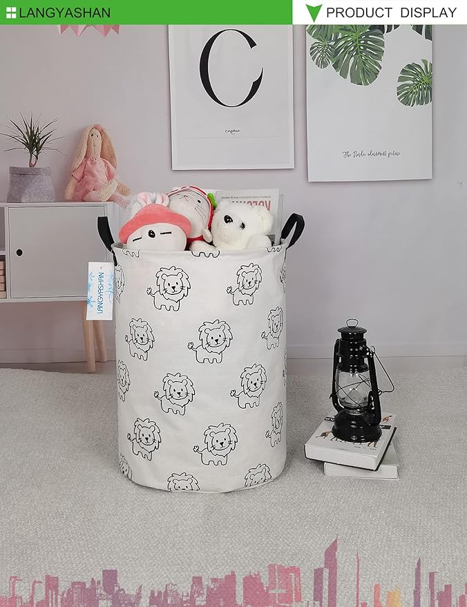 Laundry Basket Canvas Fabric Collapsible Organizer Basket for Storage Bin Toy Bins Gift Baskets Bedroom Clothes Children Nursery Hamper (Lion)