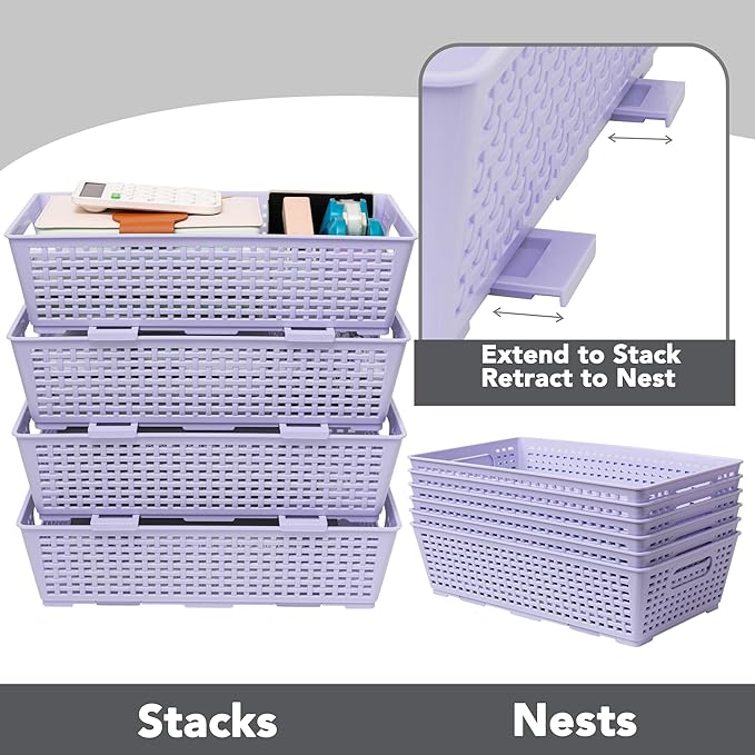 Tiawudi Stackable Woven Plastic Basket, Storage Bins for Cabinet, Closet, Shelf, Under Sink and Countertop, Pantry Organizer Bins, 6 Pack