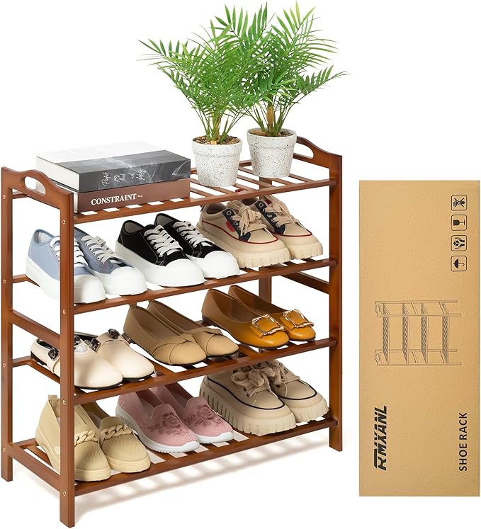 4 Tier Bamboo Shoe Rack, Free Standing Shoes Rack Shoe Shelf Shoe Organizer for Closet, Entryway, Bedroom, Living Room, Front Door, Studio, Bathroom