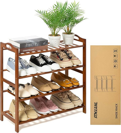 4 Tier Bamboo Shoe Rack, Free Standing Shoes Rack Shoe Shelf Shoe Organizer for Closet, Entryway, Bedroom, Living Room, Front Door, Studio, Bathroom