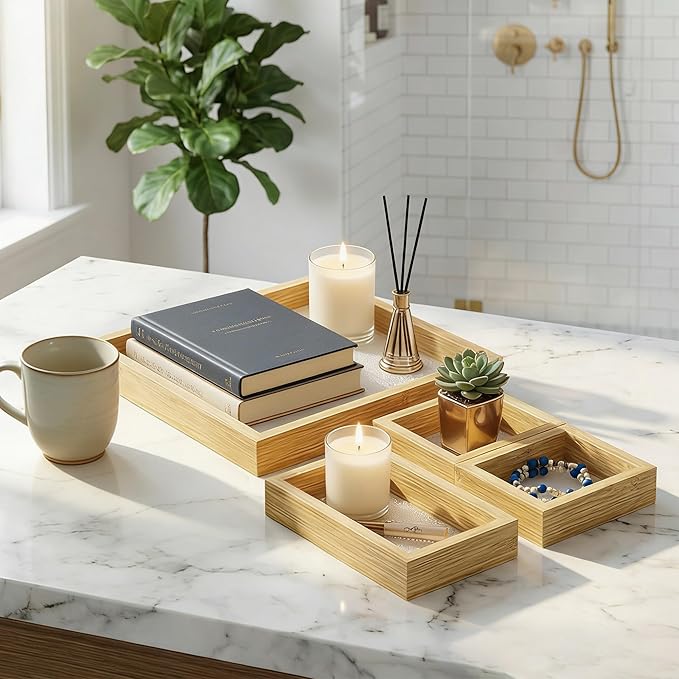 Small Bathroom Countertop Tray Set of 4 for Vanity and Toilet Tank, Stackable Desk Drawer Organizer, Wood Color