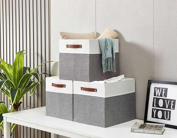 DECOMOMO Kallax Storage Cubes - 13x15x13 Storage Bins, Baskets for Organizing Shelves (Grey and White, 3-Pack)