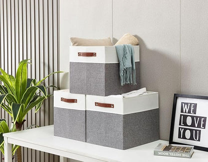 DECOMOMO Kallax Storage Cubes - 13x15x13 Storage Bins, Baskets for Organizing Shelves (Grey and White, 3-Pack)