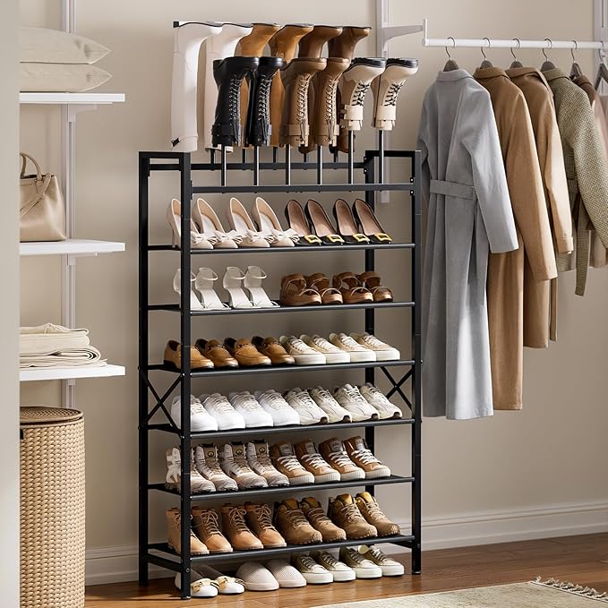 Free Standing Shoe Racks, 8-Tier Boot Rack Organizer for Tall Boots, Sneakers, High-Heel, Black Metal Shoe Storage for Dorm Room, Closet, Entryway, Hallway, Black, Holds 6 Pairs