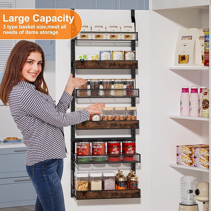 6 Tier Pantry Door Organizer Spice Rack, 2-IN-1 Wall Mount or Hanging Over Door Seasoning Organizer with Adjustable Baskets, Heavy Duty Behind Door Storage Shelves for Pantry, Cabinet and Kitchen