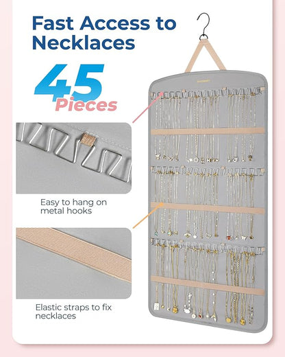 BAGSMART Hanging Jewelry Organizer, Necklace Holder Anti-tangle Earrings Rings Hanger with Pockets Hang on Closet, Wall, Door,1 Piece, Extra Large Grey