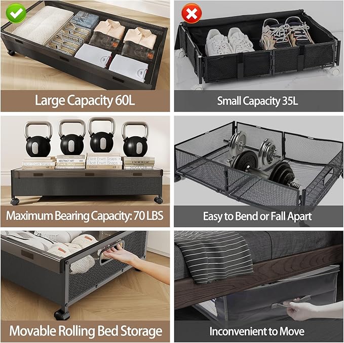 KITHELP Underbed Storage Containers with Wheels, Large Under Bed Drawers on Wheels with Removable Lids, Rolling Shoe Organizer Under Bed Storage Dresser Metal Drawers for Clothes Toys Blankets (2PACK)
