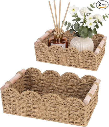 iEGrow Paper Rope Small Storage Baskets for Organizing, Set of 2 Scalloped Edge Wicker Basket with Wooden Handles Toilet Paper Basket for Over Toilet Storage Shelf, Home Decor, Living Room (Neutral)