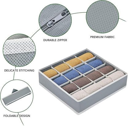 Joyoldelf Sock Drawer Organizer Divider Underwear Organizer 16-cell Fabric Dresser Drawer Organizers Storage Boxes for Socks Lingerie, Handkerchiefs, Ties 4 Pack (Grey)