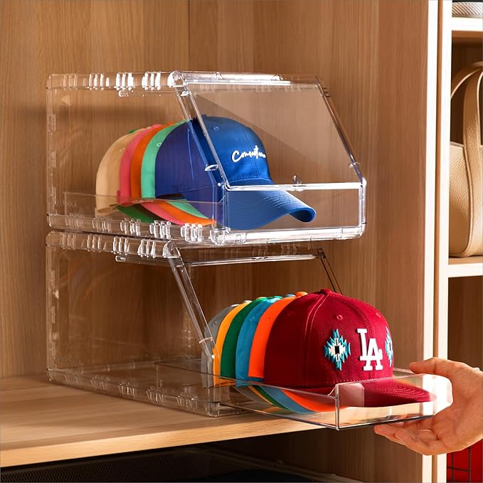 Ozueccr 2 Pack Hat Organizer for Baseball Caps – Stackable Clear Display Box with Sliding Drawer, Holds 15 Baseball Caps, Closet and Shelf Organizer for Hats, Transparent Display with Anti-Slip Feet