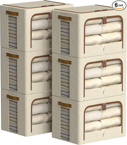 FHSQX 6 Pack Clothes Storage Bins - Foldable Storage Bins for Clothes Fabric Storage Box with Metal Frame (Beige, 16.5x12.2x12.2 inch)