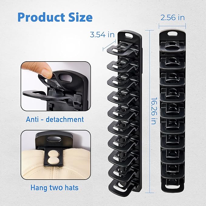 MACOPRO Hat Organizer for Baseball Caps for wall,2 Pack Cap Racks, Rack Hanger Storage Display Holder Hooks Stand for Closet Door,Hold Up to 40 Hats