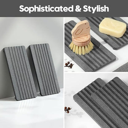 Razborci 2PCS Diatomite Quick Stone Drying Tray Mat For Bathroom & Kitchen Counter, Instant Dry Water Absorbent Drink Bar Coaster,Vanity Sink Caddy Organizer,Dish Soap Sponge Holders, Charcoal,8"x3.8"