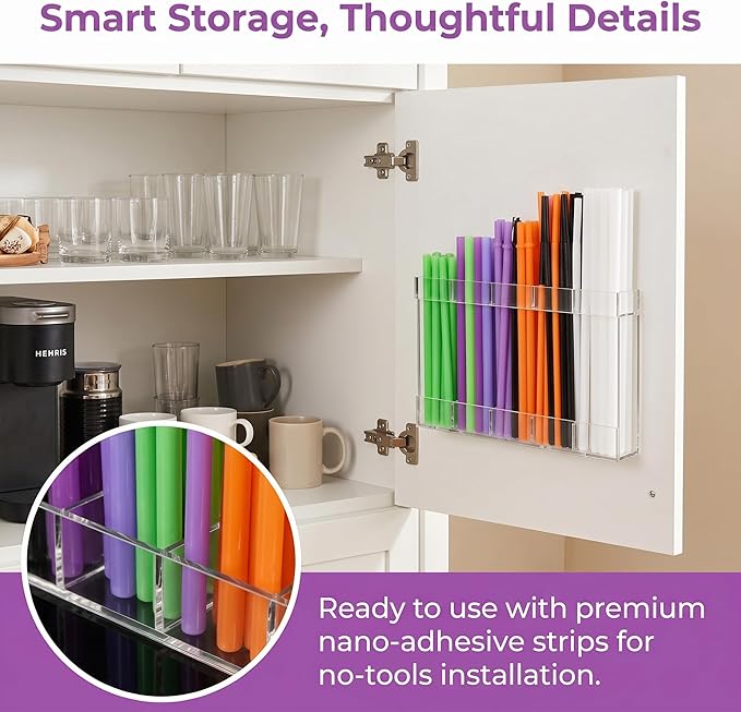 9.6” Large Clear Acrylic Straw Holder, Cabinet Door Straw Organizer with Strong Adhesive Mount, Reusable Tumbler Straw Storage