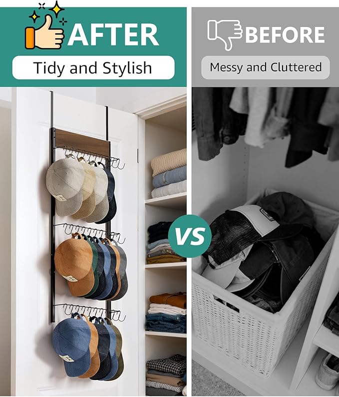 FANGSUN 3-Tier Over the Door Hat Rack with 30 Movable Hooks – Wall Mounted Hat Organizer for Baseball Cap Storage, Cap Holder Gifts for Men Dad, Christmas Presents