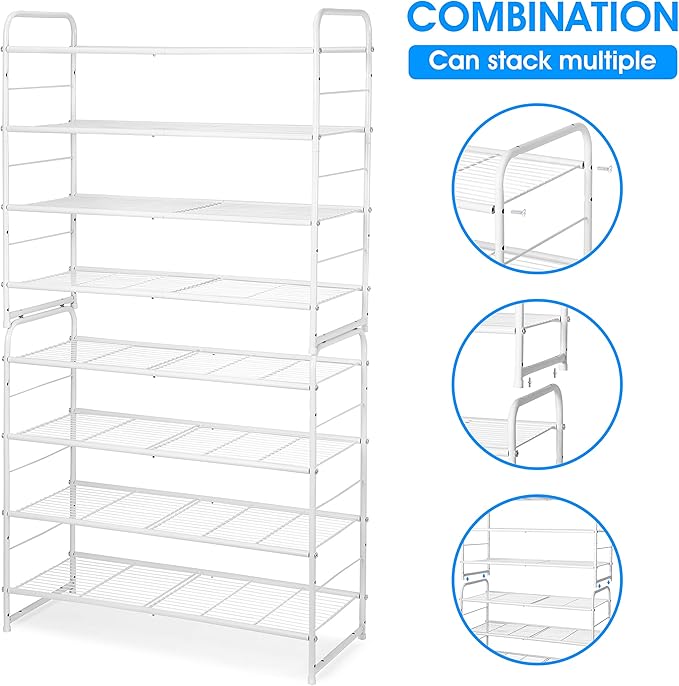 Simple Trending 4-Tier Stackable Shoe Rack, Expandable & Adjustable Shoe Organizer Storage Shelf, Wire Grid, White