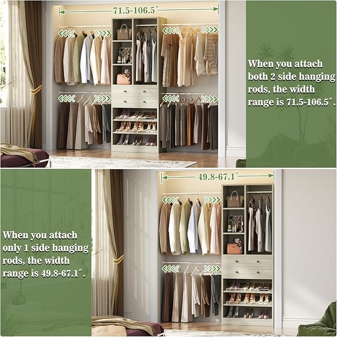 Besiost Closet System, 4.2–8.8 FT Closet Organizer with 2 Wooden Drawers and Shelves, Walk-in Closet System with 5 Hang Rods, Built-in Reach in Closet Tower, Can Fit 60 to 96 inch, Greige Oak