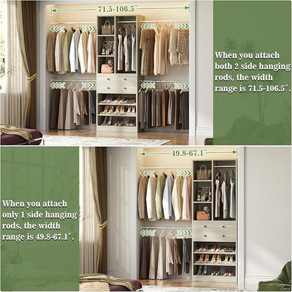 Besiost Closet System, 4.2–8.8 FT Closet Organizer with 2 Wooden Drawers and Shelves, Walk-in Closet System with 5 Hang Rods, Built-in Reach in Closet Tower, Can Fit 60 to 96 inch, Greige Oak