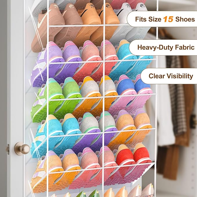 20-30 Pairs Over the Door Shoe Organizer, Transparent PVC Hanging Shoe Rack for Closet, 10-Tier Door Shoes Storage, Crystal-Clear Visibility Fit All the Family's Sneakers, Boots, Heels, White Frame