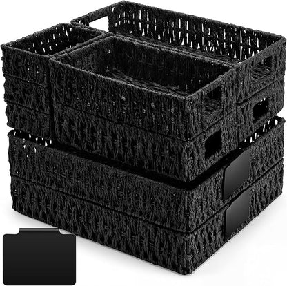 Marsui 9 Pcs Paper Rope Storage Baskets with Handle Labels Handwoven Multi-size Black Storage Bins for Organizing Small Baskets Container for Shelves Closet Pantry Toilet