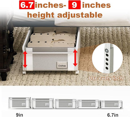 Fokyfok 2Pack Under Bed Storage with Wheels,6.7"-9" Adjustable Height Underbed Storage,Under Bed Storage Containers,Rolling Under Bed Clothes Storage,Metal Under Bed Drawers for Shoes,Blankets,Toys