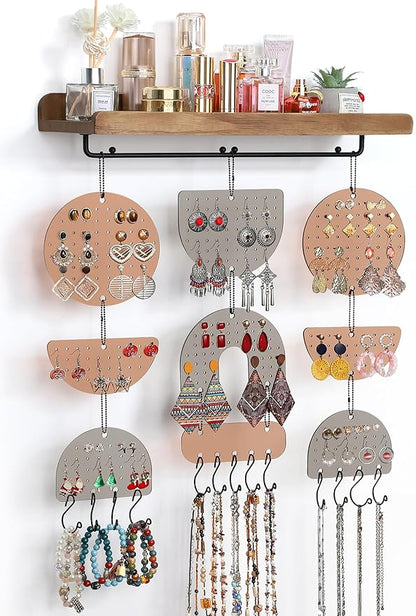 Keebofly Wall Mounted Jewelry Organizer, Boho Hanging Earring Holder with Wood Shelf & Necklace Hooks, Acrylic Pegboard Earring Display Rack for 100+ Pairs Studs, Hoops & Dangles, Decorative Storage