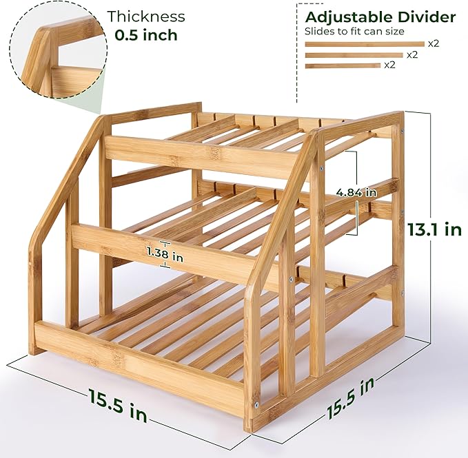 HOMESTEAD Bamboo Can Organizer for Pantry - 3 Tier Rack with Adjustable Dividers, Gravity Feed Canned Goods Organizer, 36 Cans Soda Storage