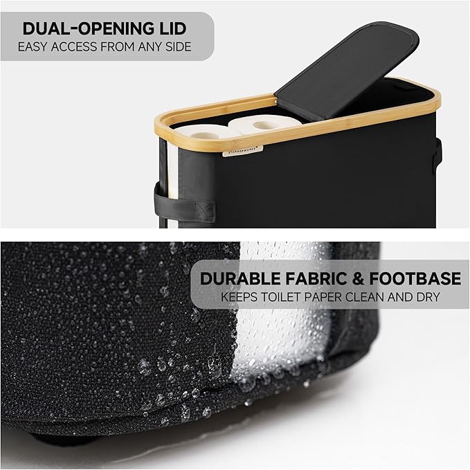 StorageWorks Toilet Paper Storage Baskets with Dual Flip Lids, Toilet Paper Organizer for Bathroom, Toilet Paper Container with Side Pocket, Holds 9 Mega or 12 Regular Rolls, Medium, Black