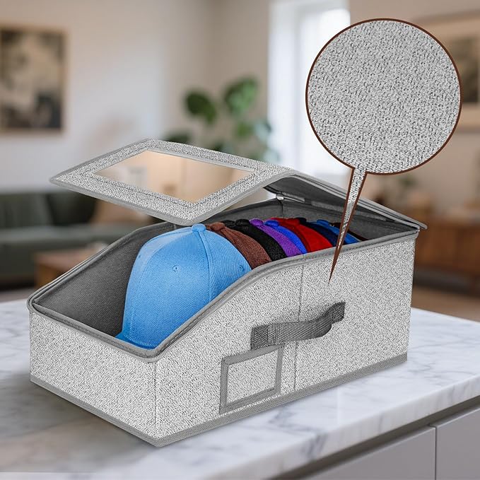 ‌Portable Hat Storage Box Organizer | Large Capacity Foldable Cap Holder with Clear Window | Space-Saving Closet Accessory for Baseball Caps, Beanies & Sun Hats‌ (2 Pack)