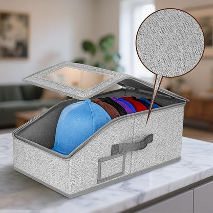 ‌Portable Hat Storage Box Organizer | Large Capacity Foldable Cap Holder with Clear Window | Space-Saving Closet Accessory for Baseball Caps, Beanies & Sun Hats‌ (2 Pack)