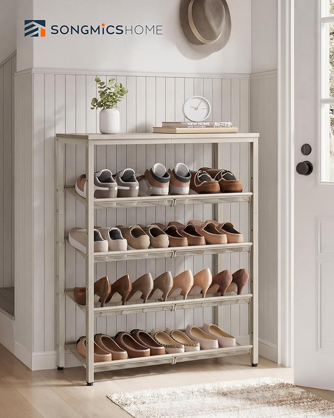 SONGMICS HOME 5 Tier Shoe Storage Organizer, Freestanding Shoe Rack, Dense Mesh, for Living Room, Bedroom, Entryway, Beige