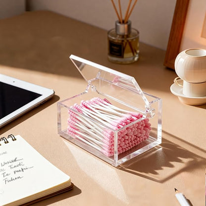 Clear Acrylic Qtip Holder with Lid, Cotton Balls Swab Organizer, 3.9" x 2.8" x 2" Dispenser for Makeup Pad, Floss Picks, Bath Salts, Cosmetic Storage Case, Home Bathroom Decor (DP051)