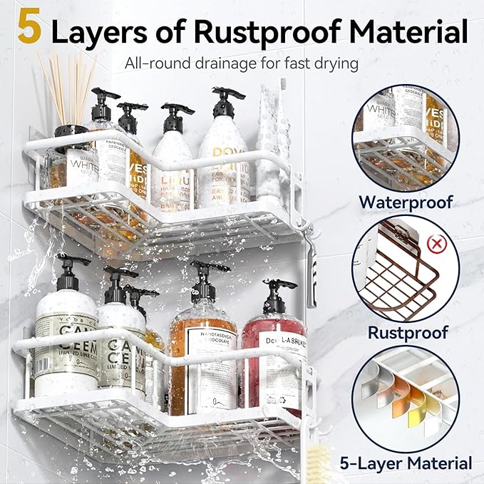 YASONIC Shower Caddy Corner, 3-Pack Adhesive Rustproof Stainless Steel Shower Shelves with Soap Holder, No Drilling Shower Organizer Corner for Dorm, Renters Bathroom, White