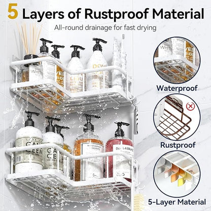 YASONIC Shower Caddy Corner, 3-Pack Adhesive Rustproof Stainless Steel Shower Shelves with Soap Holder, No Drilling Shower Organizer Corner for Dorm, Renters Bathroom, White