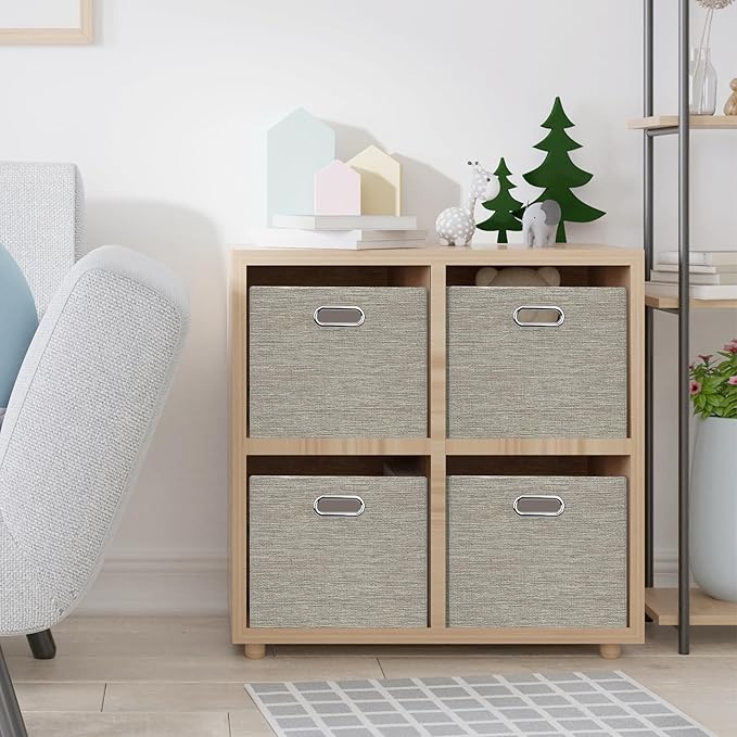 Posprica Closet Storage Bins, 4 Pack Large Closet Shelf Organizers, Linen Fabric Decorative Storage Baskets for Organizing, Foldable Storage Box for Clothes, Toy, 16.5x12x10.25 Inch-Coffee