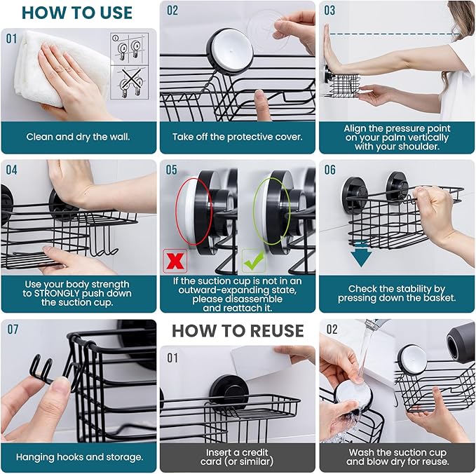 TAILI Shower Caddy Suction Cup, 3 Pack Shelves for Inside with Hooks & Soap Holder Toothbrush Cups, Removable Bathroom Organizer, Rustproof Black Shelves