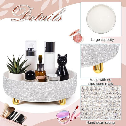 Honeydak Bling Perfume Makeup Organizer Bling Valentine's Day Mother's Day Gifts for Women Bathroom Organizers and Storage 360 Rotating Makeup Organizer for Countertop (White,Rhinestone)