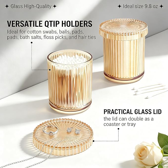 2 Pack Glass Qtip Holder Dispenser Set - Bathroom Organizer for Cotton Swabs, Balls, Pads, Floss Picks - Clear Apothecary Jars for Vanity, Makeup Storage, Bathroom Accessories Decor (Amber)