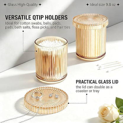 2 Pack Glass Qtip Holder Dispenser Set - Bathroom Organizer for Cotton Swabs, Balls, Pads, Floss Picks - Clear Apothecary Jars for Vanity, Makeup Storage, Bathroom Accessories Decor (Amber)