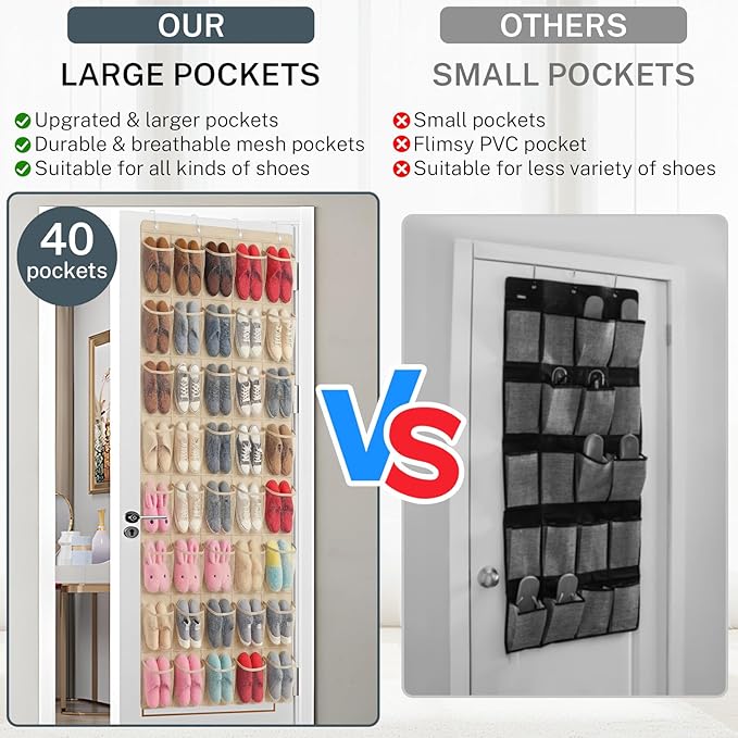 40-Pocket Over the Door Shoe Organizer - Large Mesh Pocket Hanging Shoe Organizer,Behind the Door Shoes Storage Holder Hanger